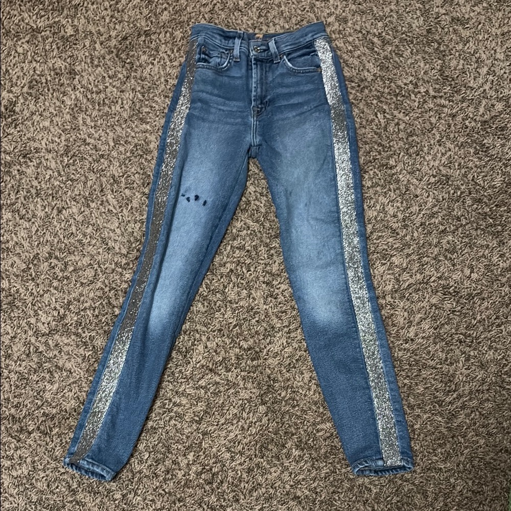 7 For All Mankind High Rise Ankle Skinny Silver Stripe Jeans 23 👖